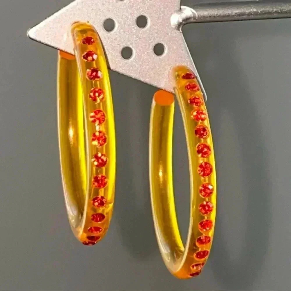 Beautiful Acrylic Hoops Translucent Orange With Red Orange Glass Diamonds